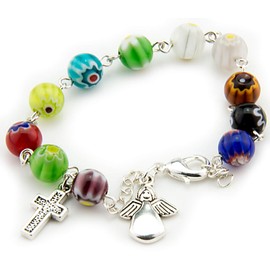 Fatima Store Guardian Angel Bracelet with 10 Murano Glass Balls of 8 mm. Cross, Angel and Cotton Bag with Images of the Virgin Mary, Ajustable, Crystal