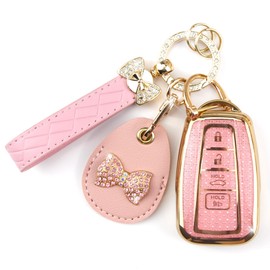 Rayslesan Key Fob Cover with Leather Holder Compatible with Airtag/RFID,Compatible with Toyota Highlander RAV4 Camry Avalon Corolla C-HR Prius,RFID Protector,Car Key Accessories(4-Button, Gold Pink)