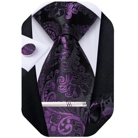DiBanGu Silk Paisley Ties for Men Woven Necktie and Pocket Square Tie Clip Cufflinks Set Party Wedding Tie with Gift Box, Purple and Black