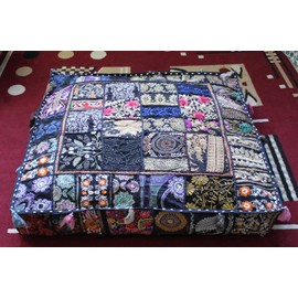 CRAFT KALA Indian Square Patchwork Traditional Pouf Cover Indian Living Room Poufs Decorative Embroidered Designer Ottoman Home Living Footstool Chair Cover Decor Pillow Cover 35 inches, Black