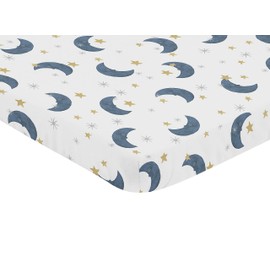 Sweet Jojo Designs Moon and Star Boy or Girl Fitted Mini Crib Sheet Baby Nursery for Portable Crib or Pack and Play - Navy Blue and Gold Watercolor Celestial Sky