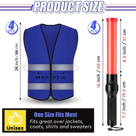 Kanayu 8 Pcs 16 Inch Signal Traffic Wand High Visibility Safety Vest Set Include 4 Reflective Safety Vest 4 Traffic Control Light Security Wands for Airport Parking(Dark Blue)