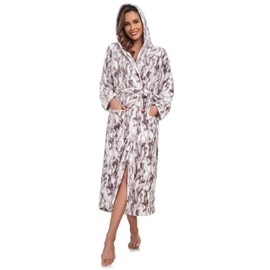 VOGMATE Women Hooded Plush Bathrobe Long Fluffy Fleece Robes with Hood Flannel House Robe Leopard Grey White L-XL