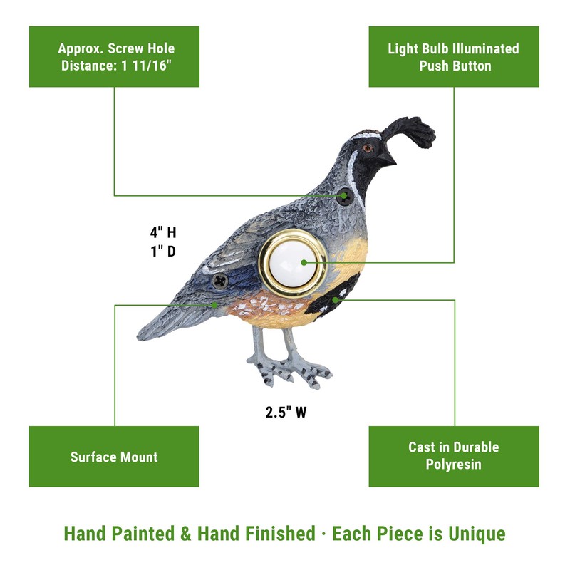 Waterwood Hand Painted Quail Doorbell - Wired & Illuminated Push