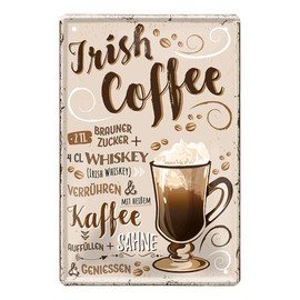 helges-shop Irish Coffee Tin Sign - Retro Decorative Coffee Espresso Sign - Metal Sign for Decorating Kitchen Coffee Shop American Cafe Diner Bistro - Instructions Recipe Preparation - 20 x 30 cm