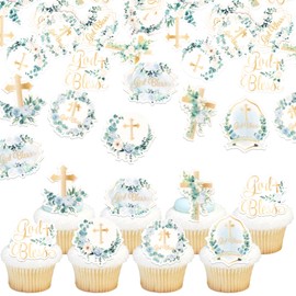 ZHUOWEISM 63 PCS Edible God Bless Cupcake Toppers Gold Cross Wafer Paper Cupcake Picks Mi Bautizo Party Decorations for Baptism Theme Baby Shower Kids Birthday First Communion Party Supplies