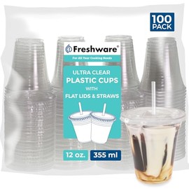 Freshware Clear Plastic Cups with Flat Lids and Straws [100 Cups - 12 oz] Disposable Cups for Iced Coffee, Smoothie, Milkshake, Cold Drinks