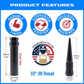 EZAccessory 1/2" Short Spline Spike Lug Nuts Black 20 Pieces+Key 3.35" Tall Bulge Acorn for Chevy 1/2 T Blazer (5 Lug) C10