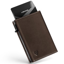 LORZOR Wallet for Men with Metal Card Holder, Pop Up Wallet, Finest Full Grain Leather Trifold Wallet, Smart, Minimalist, RFID Blocking, Front Pocket, ID Window, Brown/Grey