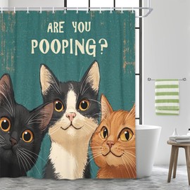 JAWO Funny Cat Vintage Shower Curtain, are You Pooping Curious Kitty Fun Whimsical Shower Curtains, Fancy Humor Cat Polyester Fabric Dark Green Bathroom Curtain with 12 Hooks Bathroom Signs Decor