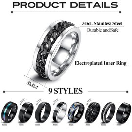 ADRAMATA 9Pcs Mens Rings Stainless Steel Rings for Men Women Vintage Thumb Rings Bands Wedding Rings Promise Engagement Rings Spinner Rings Fidget Rings Black Silver Rings Set Mens Rings Jewellery