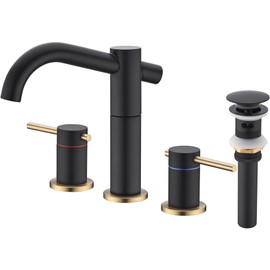 HOMYEP Black and Gold Bathroom Faucet 8 Inch Widespread with Strong-Core Swivel Spout 3 Hole 2-Handle Brass Lavatory Vanity Sink Faucet with Metal Overflow Drain, Matte Black and Brushed Gold