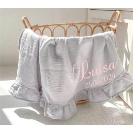 BotoBaby ★ Baby Blanket with Name and Date Embroidered ★ 100% Cotton ★ Thin Breathable Baby Blanket ★ Muslin ★ Summer Blanket – Without Filling ★ (Grey with Ruffle Edge, 75 x 100 cm)