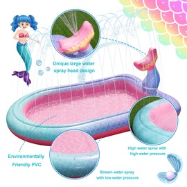68" Sprinkler & Splash Pad for Kids, Large Outdoor Mermaid Sprinklers Play Mat Summer Water Play Toys Inflatable Sprinkler Pad, Fun Play Pool for Toddlers Babies Over 3 Years Boys Girls - Pink