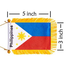 WXTWK 3 X 5 Inch Philippine Philippines Flag Filipino Window Hanging Flag Small Mini Car Flags Banners Rearview Mirror Decoration With Suction Cup Golden Fringy Banner