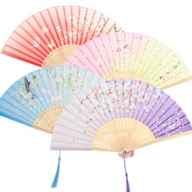 Fumwase 4 Pcs Handheld Folding Fan Small Chinese Silk Fan with Tassel Floral Manual Fan with Bamboo Ribs Accordion Fan Handheld Bulk for Women and Men Music Festival Dance Party Decoration