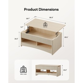 Marsail Lift Top Coffee Table with Open & Hidden Storage, Modern Fluted Coffee Table with Smooth Lift Mechanism, Sturdy Space-Saving Center Table for Home Living Room, Office, Natural Oak