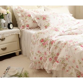 Kolachic Country Rose Roses Pink Floral Flower Duvet Cover Bedding Set 3 Pieces, 1 Duvet Cover & 2 Pillowcases 100% Cotton (Queen)