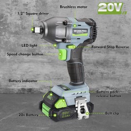WORKPRO 1/2'' Cordless Impact Wrench Brushless 20V 1 Hour Fast Charger Battery