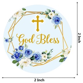 UPLEY Blue and Gold Elegant Floral Cross Stickers God Bless Sticker Labels for Religious Baptism, Confirmation, Christening, First Communion - 2 Inch - 50 Count