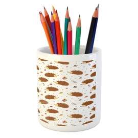 Ambesonne Hedgehog Pencil Pen Holder, Love of Nature Theme Nuts Leaves Mushrooms and Playful Woodland Animal Composition, Printed Ceramic Pencil Pen Holder for Desk Office Accessory, Multicolor