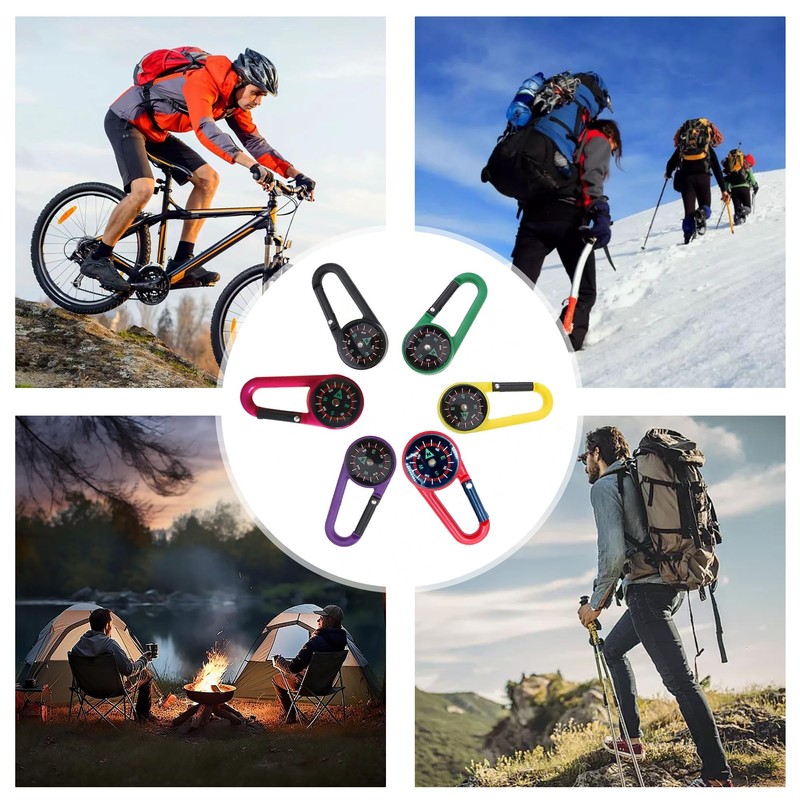 Pack of 6 Compass with Carabiner Hook Compass Key Ring