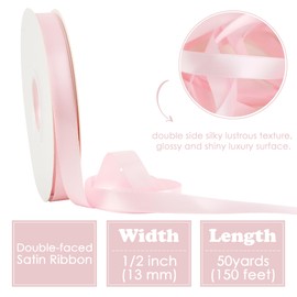 HUIHUANG Pink Satin Ribbon 1/2 inch X 50 Yards Continuous, Baby Pink Double-Faced Satin Ribbon for Gift Wrapping, Bows, DIY Crafts, Flower Bouquet, Bridal Shower Wedding Decor