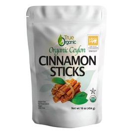 True Organic Ceylon Cinnamon Sticks, 16 Oz Bulk Bag, USDA Organic & Kosher Certified, Non-GMO, Ceylon Cinnamon stick, Perfect for Baking, Cooking, Drinks & Beverages, Pure Ceylon Premium Quality [01 Pound]