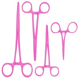 MuskalMed Durable 4-Piece Full Pink Coated Straight Hemostat Set - High Quality Stainless Steel, Autoclavable, Precision Tips, Serrated Jaws, Three Locking Positions (3.5”, 5”, 6.25”, 8")
