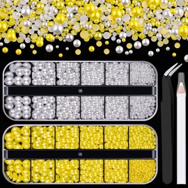 2 Boxes Flat Back Pearls Kit 8 2-8mm Flatback White&Lemon Yellow Half Round Pearls with Pickup Pencil and Tweezer for Home DIY and Nail Art, Face Makeup and Craft