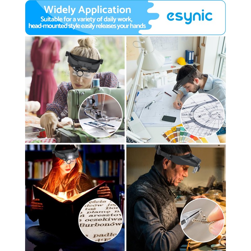 eSynic Type-C Rechargeable Magnifying Glasses Headset-Up to 13X Magnification-5 Interchangeable