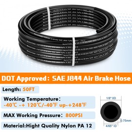 1/8" OD 50FT DOT Air Line Tubing Kit Black SAE J844 PA12 Nylon Air Brake Hose with Cutter and Teflon Tape for Trailer Trucks RV Braking Systems or Fluid Transfer