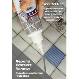 Tile Grout Repair, Grey 8.8 oz/250gr. Fast Drying Grout Repair Kit, Grout Filler Tube Repair Kit, Tile Grout Paint, Grout Sealer Restore and Renew Bathroom Floor, Tile Gaps Joints Lines, Nozzle Cutted