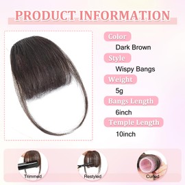 Clip In Fringe 100% Real Human Hair Bangs Hair Clip Thin Bangs On Hairpiece On Air Bangs With Temple Wispy Bangs Hair Extensions for women (Dark brown, Clip in Wispy Bangs)