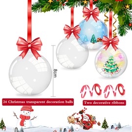 Aurasky Clear Christmas Baubles for Filling, 24 Pieces Fillable Christmas Baubles, Transparent Tree Decorations, Plastic Baubles Acrylic Baubles, 8 cm, DIY Christmas Tree Baubles, Christmas Decoration