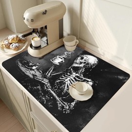 Coffee Mat,Coffee Bar Accessories Fit Under Coffee Maker Espresso Machine,Anti Absorbent Dish Drying Pad for Kitchen Counter,23.6"x15.7"Coffee Bar Decor Coffee Machine Mat,Black Skeleton/Skull