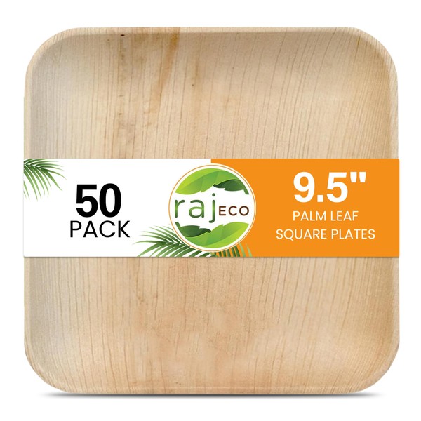 Raj Disposable Palm Leaf Plates [50-Pack] Large Square Plates Strong and Reusable Party Plates Like Bamboo Plates - Decorative Compostable Tableware for Lunch, Dinner, Birthday, Outdoor BBQ