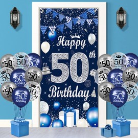 RUMIA Blue 50th Birthday Decorations for Men Navy Blue Silver Happy 50th Birthday Door Banner Cover and 18Pcs Blue Silver 50th Birthday Balloons for Men Women 50th Birthday Party Decor, A9M1