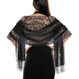 Women's Floral Lace Scarf Shawl wif Tassels for Women's Evening Dress Evening Party Mesh Wedding Shawls - Color: Black C