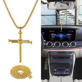 QZTYTY 2PCS Cross Necklace for Men, Rear View Mirror Hanging Accessories, Hanging Cross Car Rearview Mirror Hanging Chain with 3 Nail, Car Mirrors Stainless Steel Religious Cross Decoration (Gold)