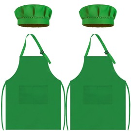 TOPWAYS Kids Apron and Chef Hat, Kids Aprons for Cooking, 2 Pack, Adjustable, Kids Chef Outfit, Toddler Kitchen Cooking Apron, Kids Artist Apron, Bibs for Kids from 3 4 5 6 7 8 9, 2 x green.