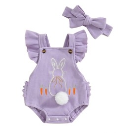 LYSINK Newborn Baby Girl Easter Bunny Outfits 2pcs Fly Sleeve Rabbit Print Romper Headband Set Cute Infant Jumpsuit (A-Purple, 0-3 Months)
