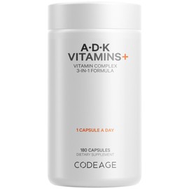 Codeage ADK Vitamins Supplement - Essential Vitamin A, D3 5000 IU, K1 & K2 (MK4 & MK7) - 6-Month Supply - 1 Capsule per Serving, Non-GMO, Gluten-Free - 180 Capsules