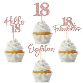 48 piezas de adornos para cupcakes de 18 cumpleaños con purpurina Hello 18 púas para cupcakes de 18 años de edad, decoración para tartas de 18 años para niño y niña, suministros de decoración de tartas de feliz 18 cumpleaños, oro rosa