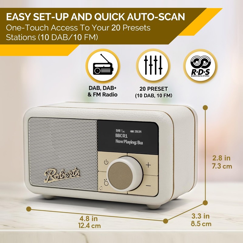 Roberts Revival PETITE2 FM/DAB/DAB+ Digital Radio with Bluetooth, Pastel Cream