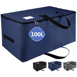 IHOMAGIC 100L Storage Bag for Bedding, Oxford Robust Foldable Underbed Storage Bags with Handles and Label Pocket, Large Moving Bag for Duvets, Pillows and Clothes, 70 x 42 x 35 cm, Dark Blue