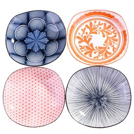 Porcelain Dinner Plates Set of 4, 8 Inch, Large Appetizer Plates, Assorted Red Black Patterns, Square Ceramic Plates