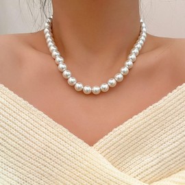 White Pearl Necklace for Women Minimalism 6mm10mm Round Breeding Pearls Choker Dainty Birthday Mother's Day Dinner Anniversary Jewelry Gifts, Large, Imitation Pearl, No Gemstone
