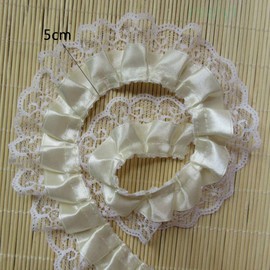 Cinta plisada de encaje de organza de 2 capas con borde de malla de 5 cm de ancho y 5 cm de ancho con ribete vintage de tela bordada, apliques de costura, manualidades, vestido de boda, decoración de ropa (beige)