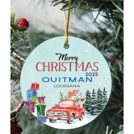 Merry Christmas Ornament with Custom Name Quitman Louisiana LA State - Red Truck Ornaments for Christmas Tree 2025 - Keepsake Gift Ideas Ornament 3" Circle Flat